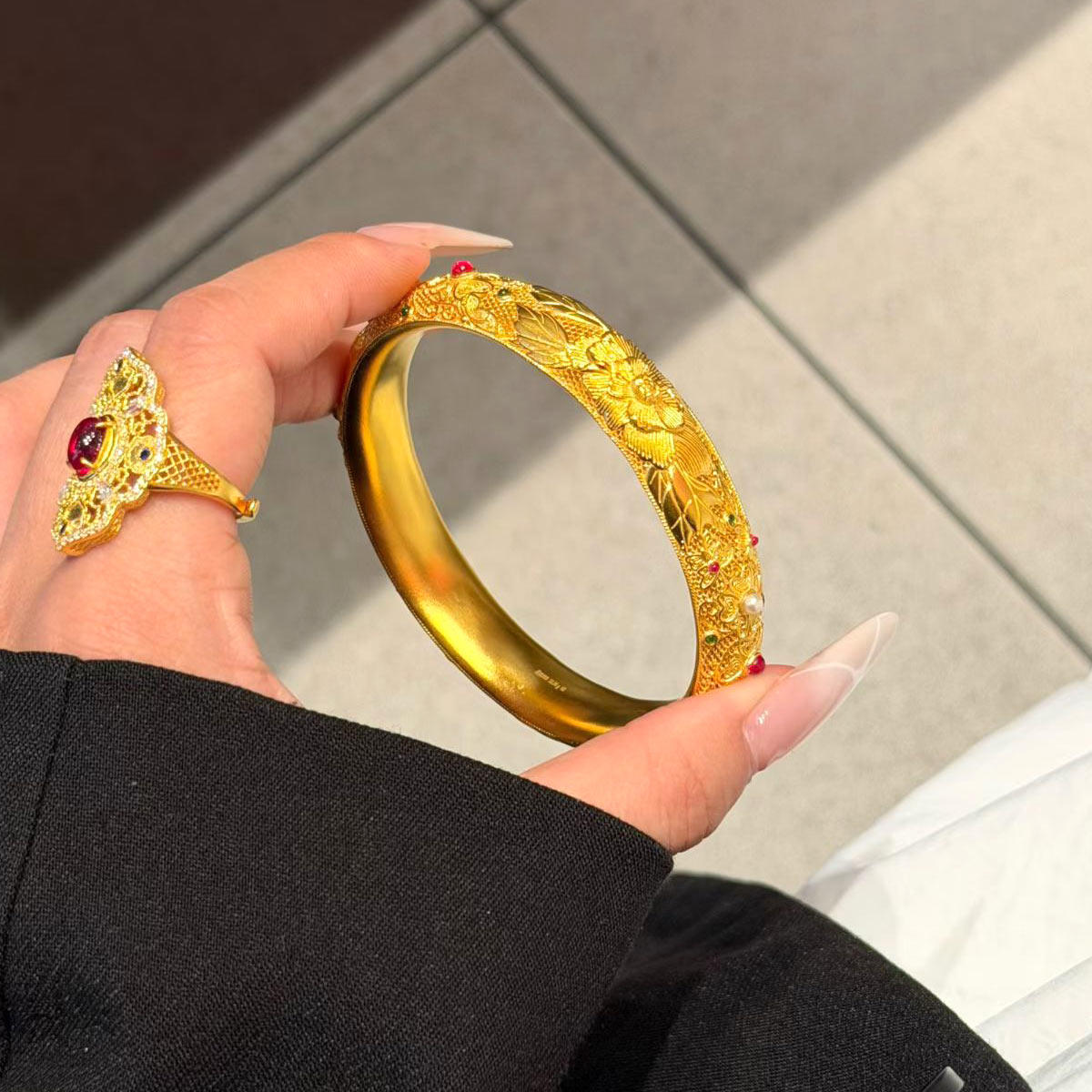 足金999古法花丝牡丹花黄金手镯复古宫廷女款送家人礼物