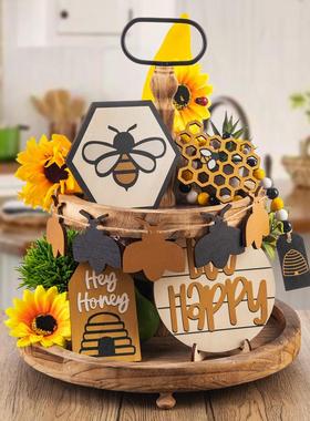2023跨境花园田园蜜蜂风格套装分层托盘装饰品桌面木质摆件