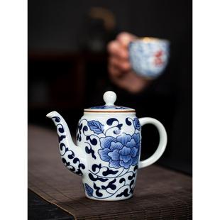 青花缠枝莲小茶壶 家用功夫茶具 复古陶瓷泡茶器中式 粗陶仿古中式