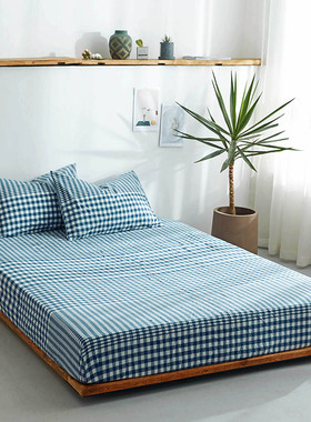 32支水洗全棉床笠单件纯棉加高床套蓝色格子1m1.21.351.51.8米2.2