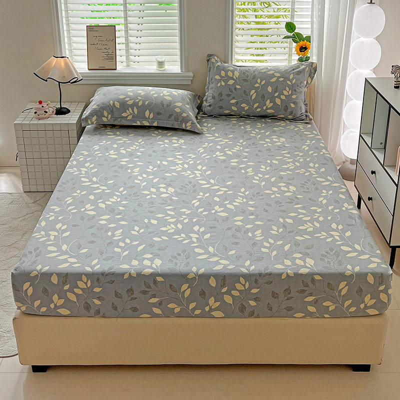 全棉加厚磨毛蓝灰色床笠单件黄色小叶子纯棉加高28床罩套1.51.8米
