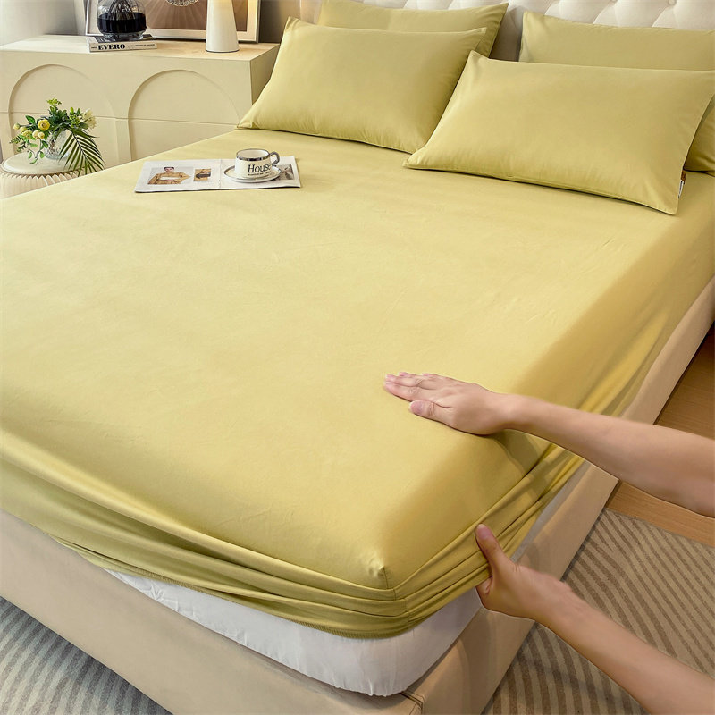高端加厚60支A类全棉磨毛床笠单件纯棉荧光黄色芥末黄纯色床罩套