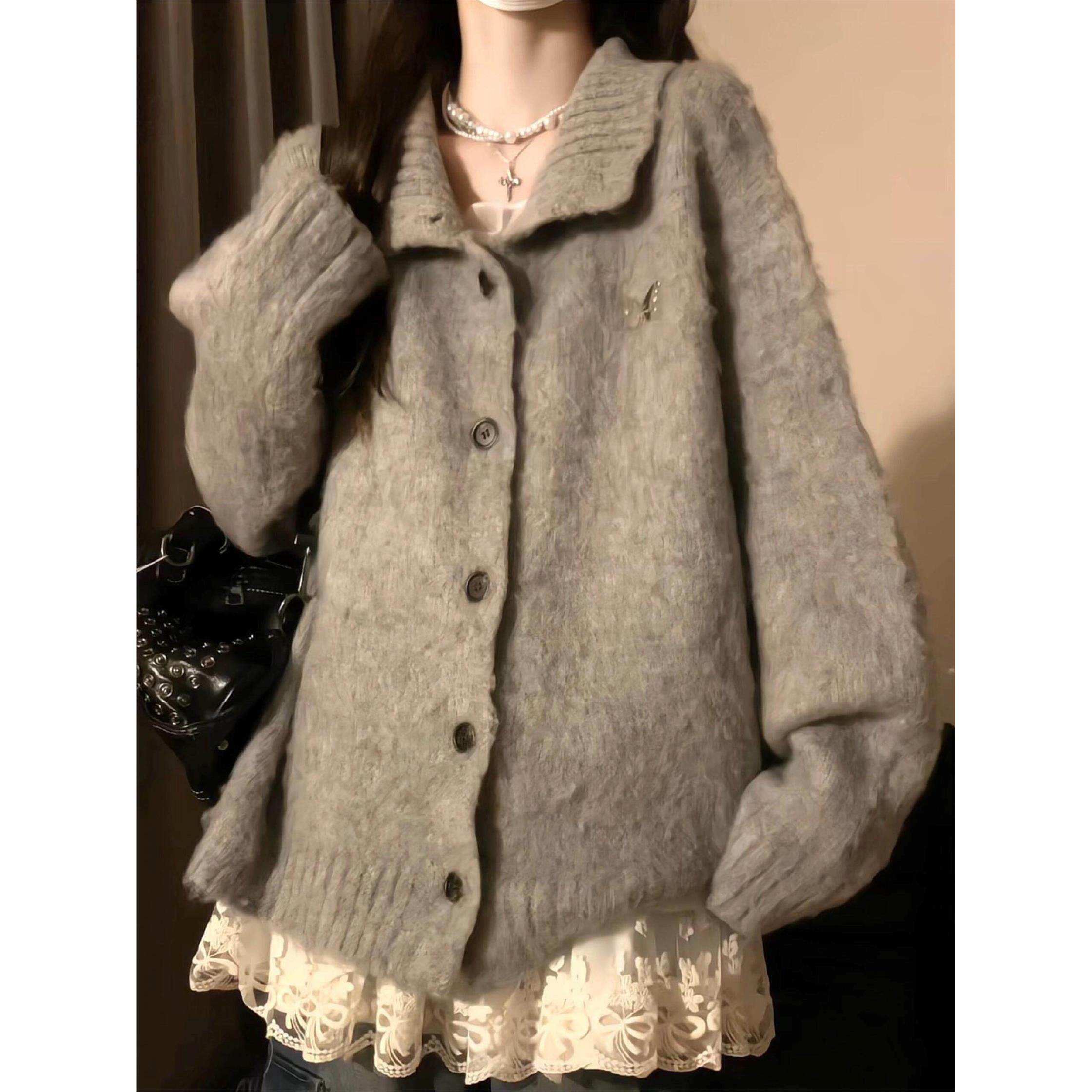 早秋慵懒风灰色翻领针织开衫外套2025秋冬新款高级感上衣毛衣女装