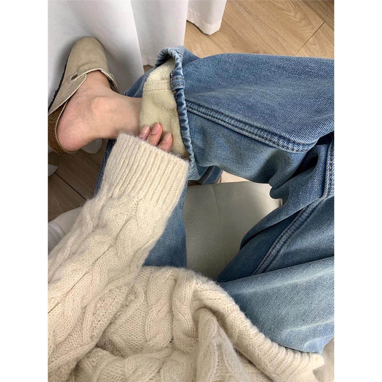 加绒加厚覆古蓝直筒牛仔裤女秋冬季胖妹妹mm高腰宽松显瘦阔腿长裤