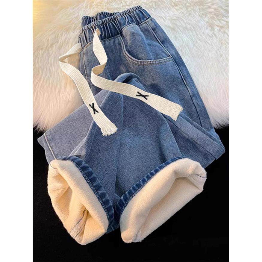 加绒加厚牛仔裤女秋冬款松紧腰直筒阔腿小个子2025年新款冬季裤子