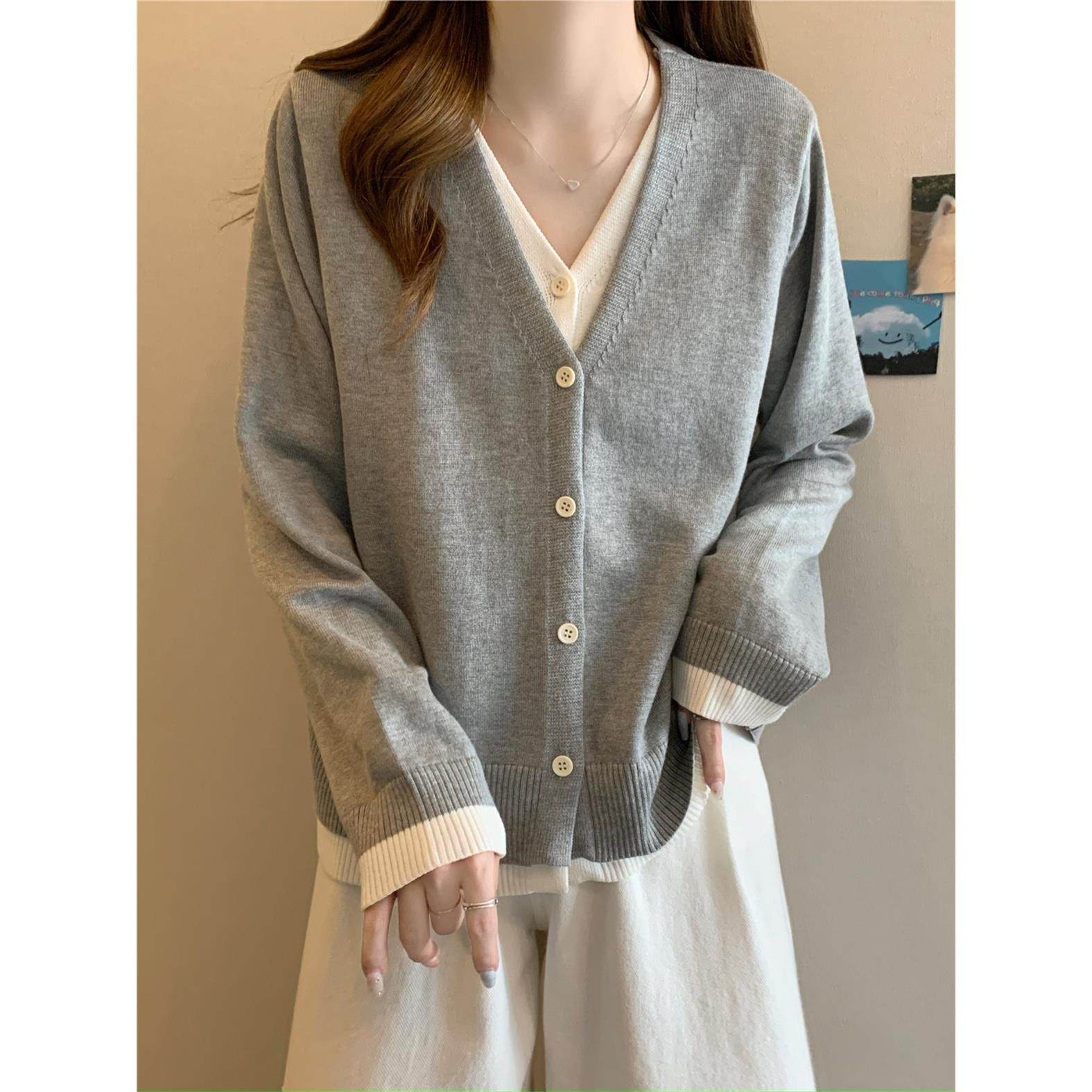 大码女装假两件v领针织衫女春秋宽松显瘦遮肚子正肩上衣毛衣开衫