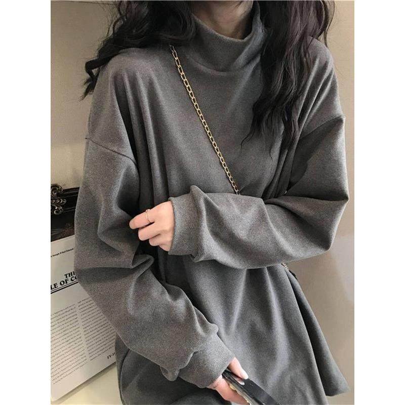 德绒加厚加绒遮屁股半高领打底衫女内搭宽松长袖t恤胖mm保暖上衣