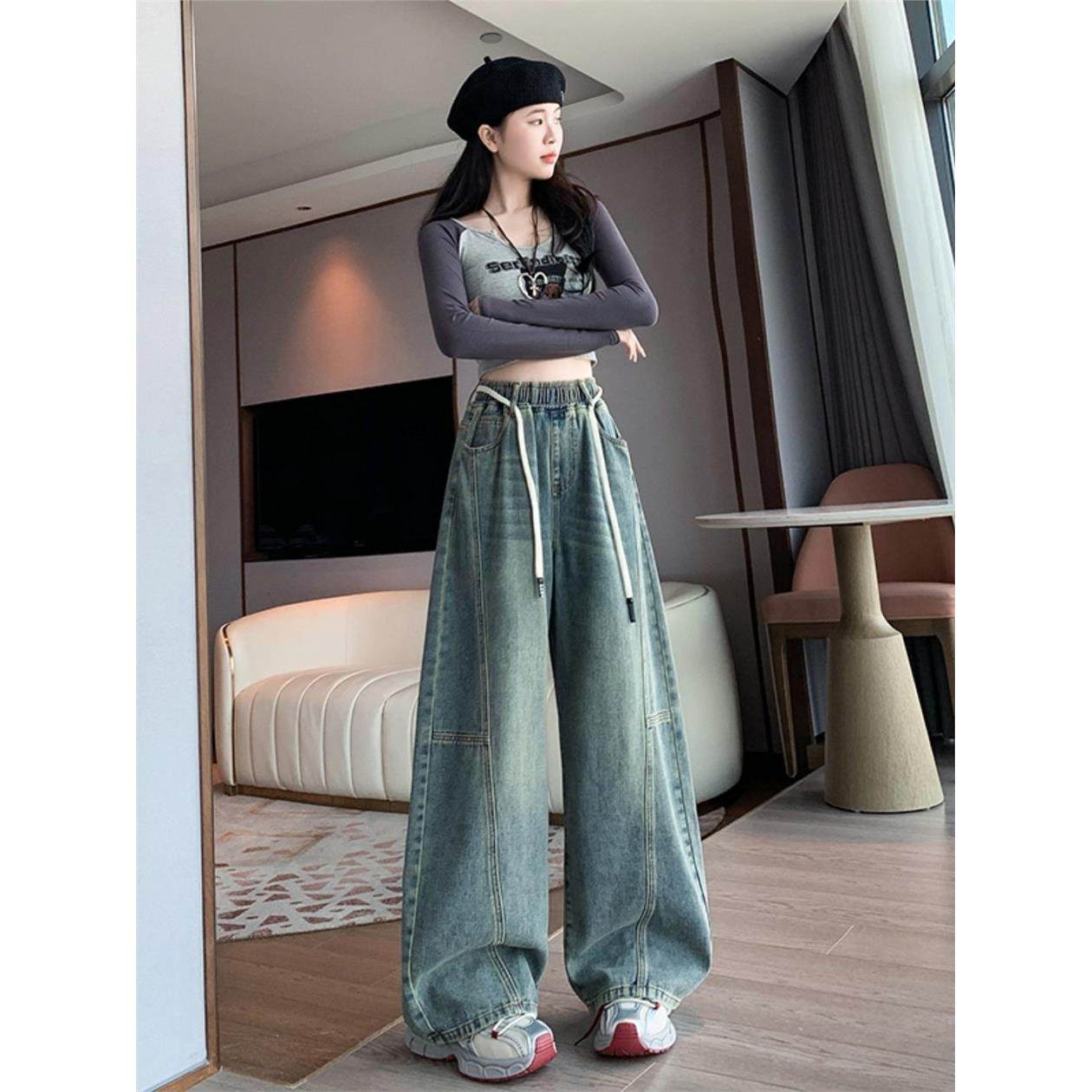 2025秋冬美式复古阔腿牛仔裤女初中生加绒大码高腰遮肉休闲直筒裤,女装/女士精品,牛仔裤,淘宝优惠券,粉丝福利购,淘宝优惠卷