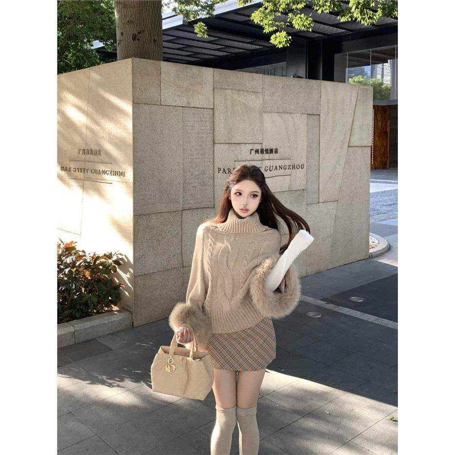 卡其色袖口狐狸毛高领套头毛衣女秋季宽松麻花针织衫慵懒长袖上衣