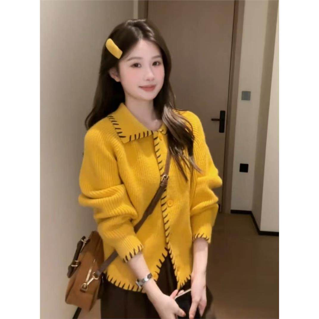 韩系多巴胺黄色翻领毛衣开衫外套女秋季慵懒高级感温柔针织衫上衣