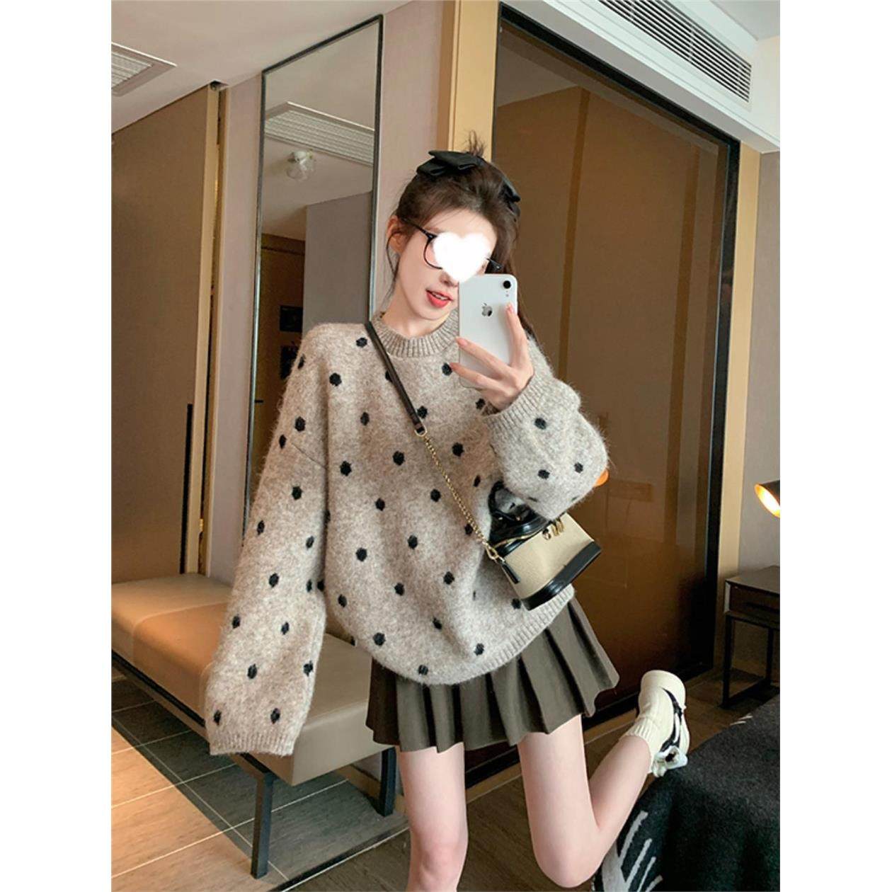 灰色波点套头毛衣女秋季加厚宽松休闲港味覆古小个子内搭针织衫