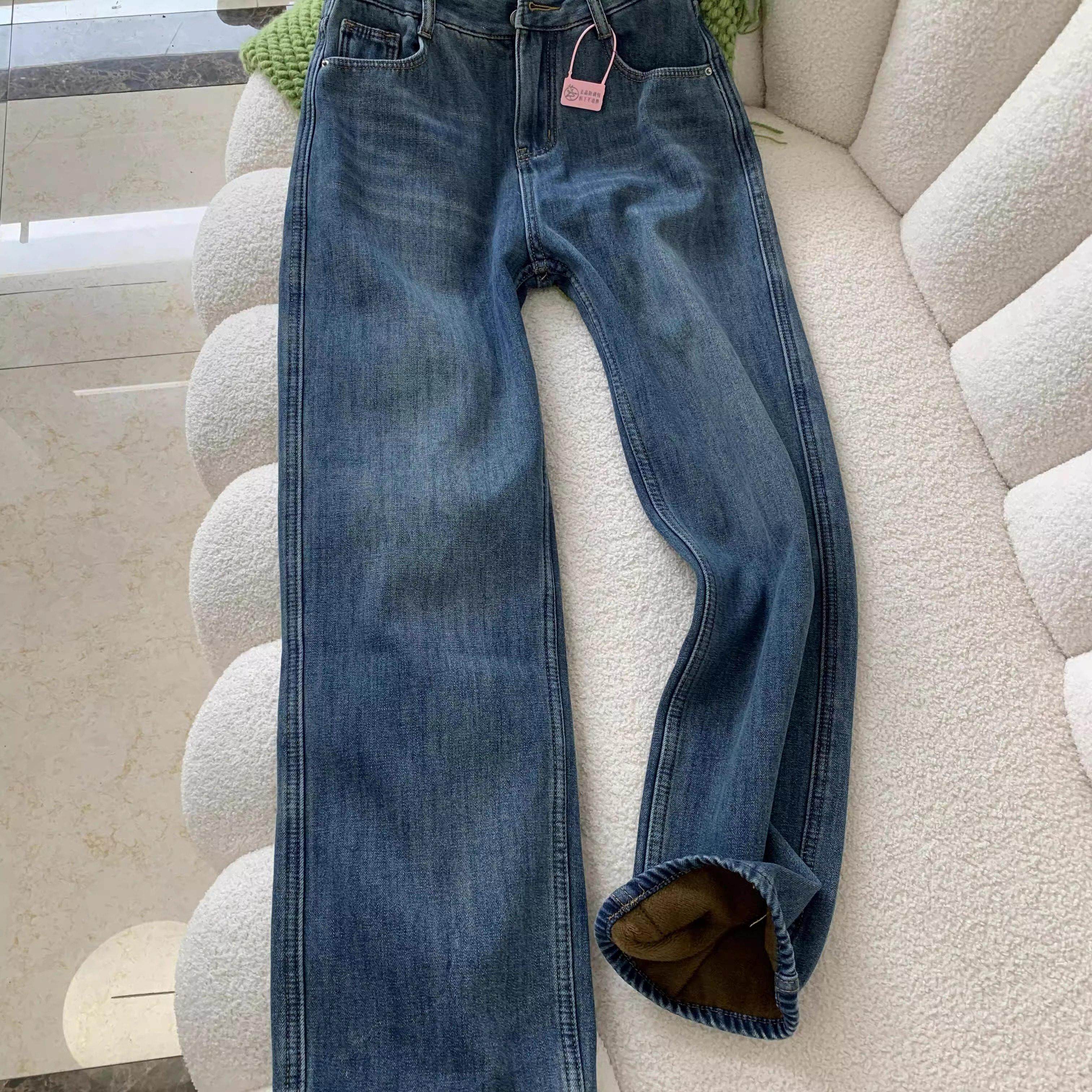 美式覆古蓝加绒加厚宽松直筒牛仔裤女秋冬新款高腰显瘦窄版阔腿裤
