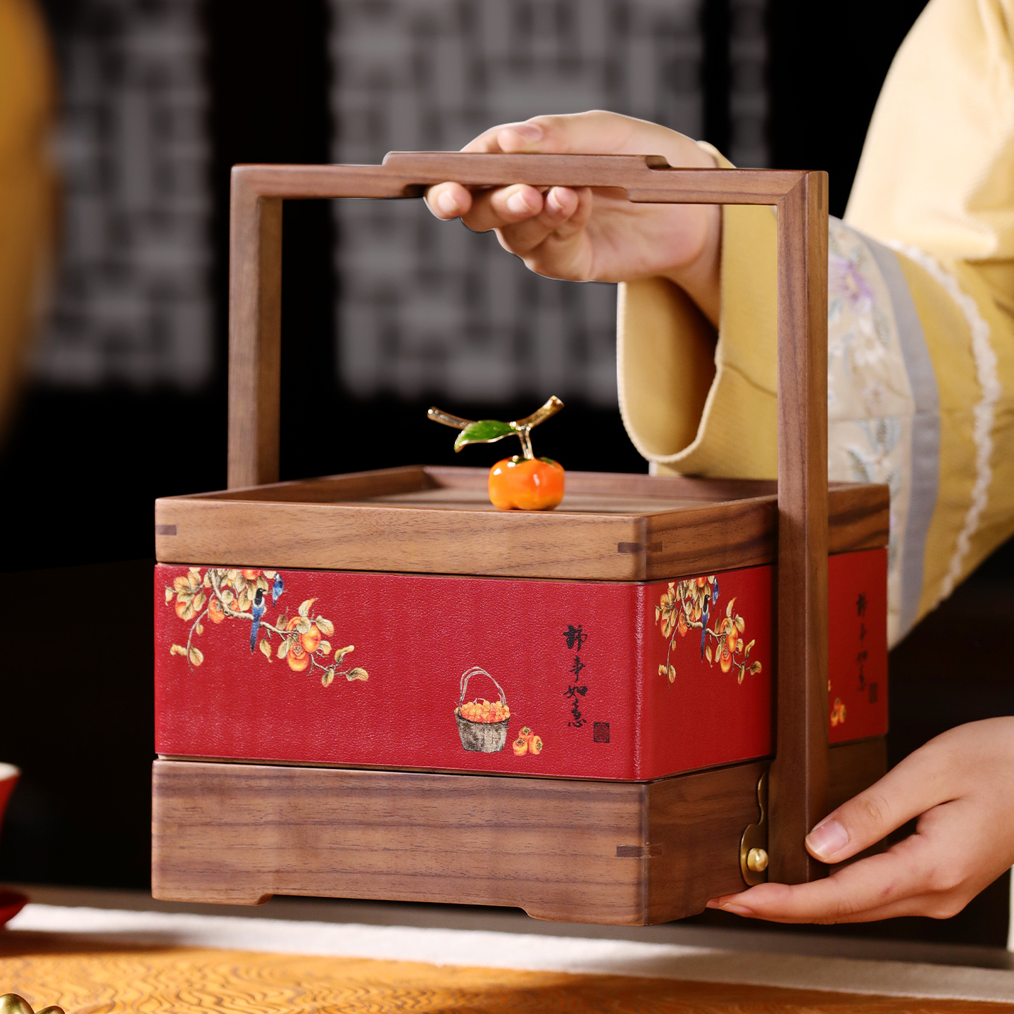 超好看！柿柿如意双层胡桃木果盒