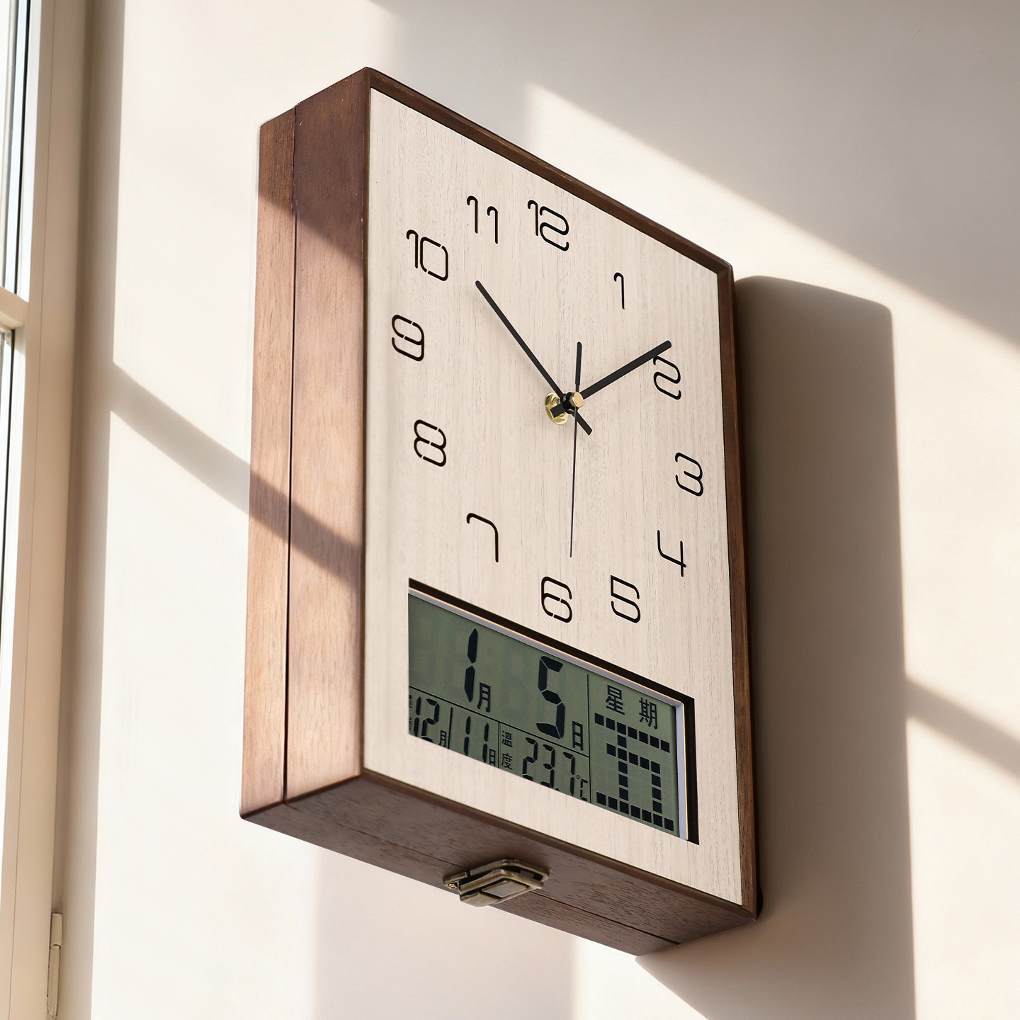 实木质双面数字挂钟万年历温湿度