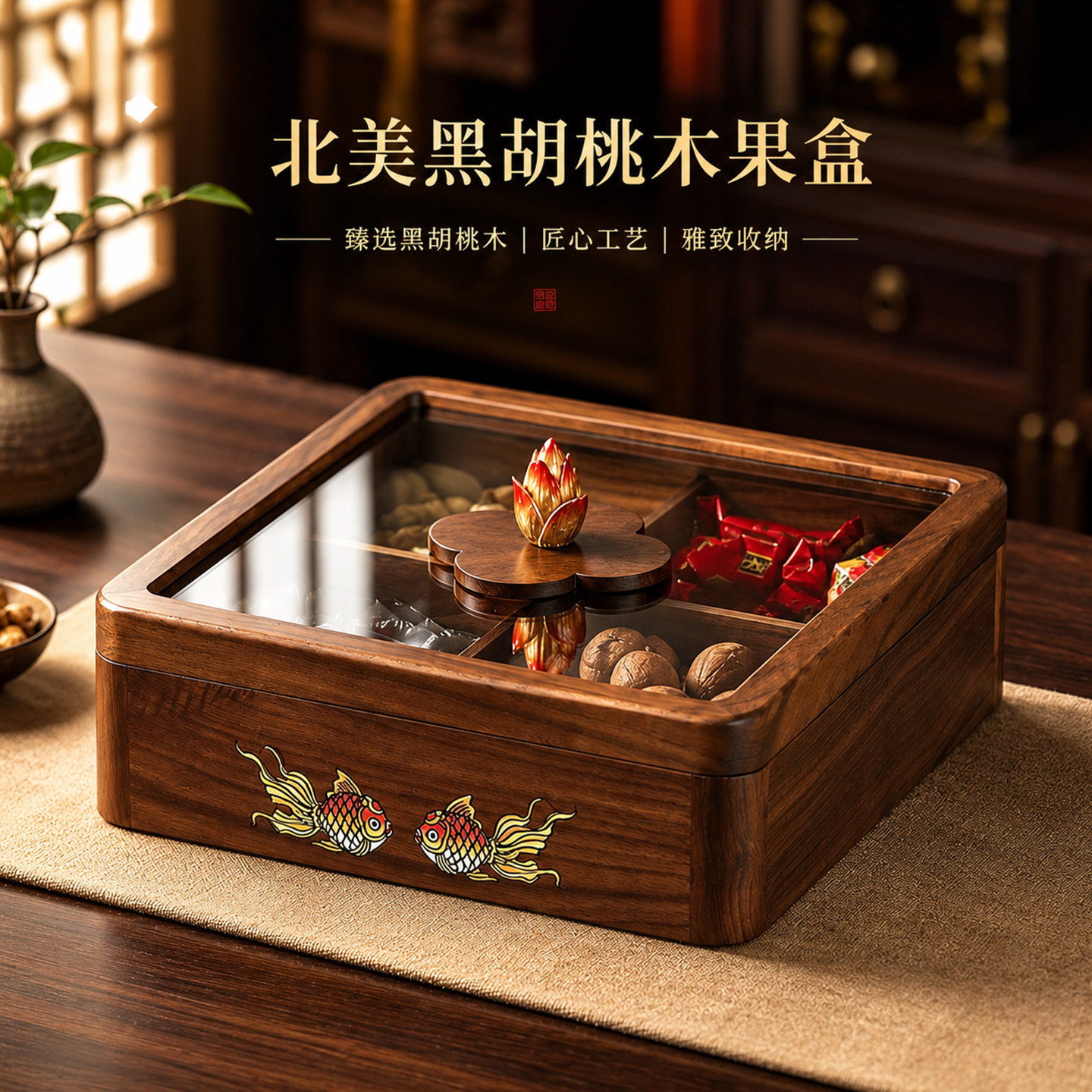 新中式胡桃木家用客厅干果收纳盒