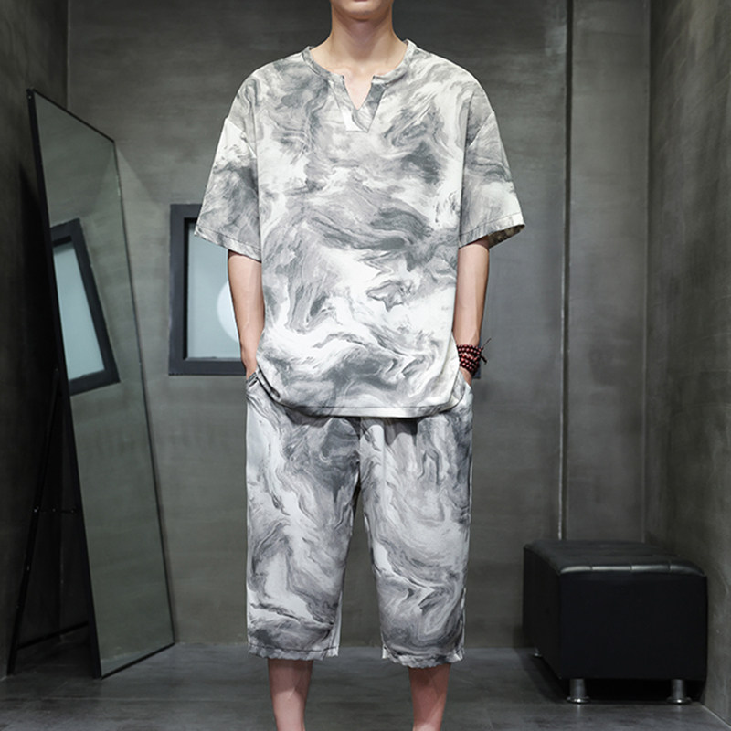 风冰丝短袖套装男T恤短裤七分裤XZ221-6-TZ01-P60，男装牛仔裤，星座221-6