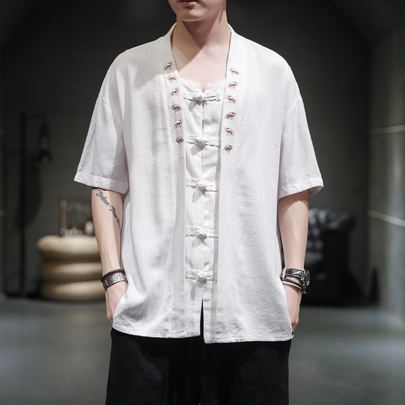 风夏季棉麻印花短袖衬衫男半袖衬衣大码宽松221-6-W13-P50图片