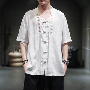 风夏季棉麻印花短袖衬衫男半袖衬衣大码宽松221-6-W13-P50图片