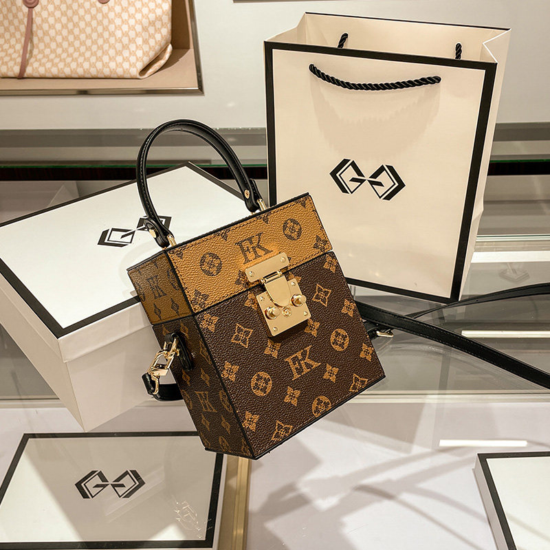 老花盒子包女包2021新款潮秋冬复古手提化妆包时尚单肩斜挎小方包