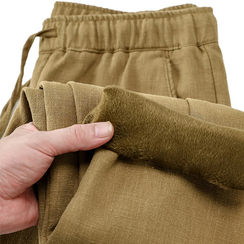 加绒直筒休闲裤男士冬季新款棉麻松紧腰保暖棉裤宽松加厚亚麻裤子