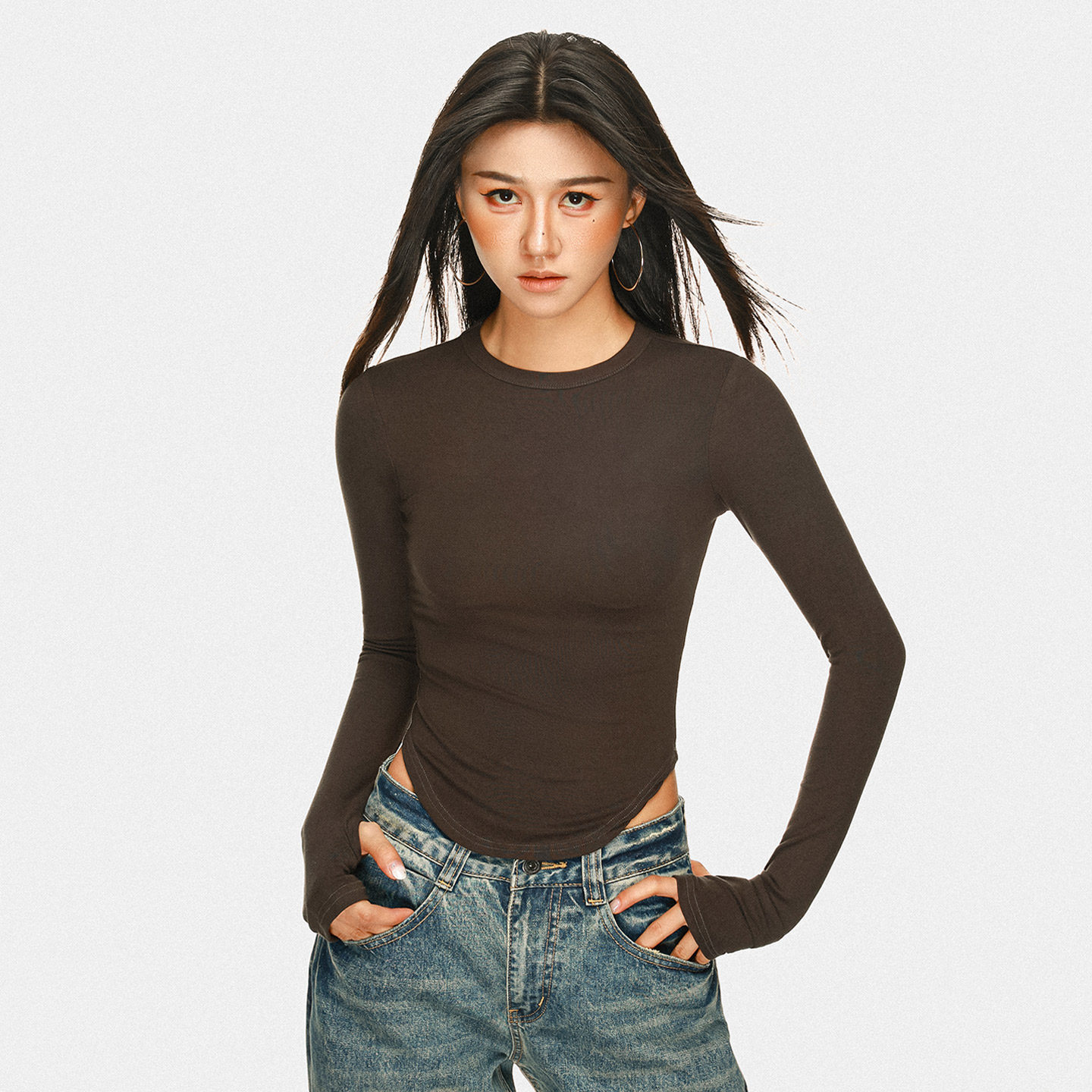 2026春秋冬套指长袖打底衫女正肩修身内搭下摆弧形短款t恤上衣,女装/女士精品,T恤,淘宝优惠券,粉丝福利购,淘宝优惠卷