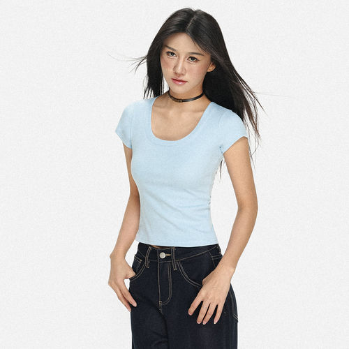 春夏高腰露肚脐U领修身短袖T恤女