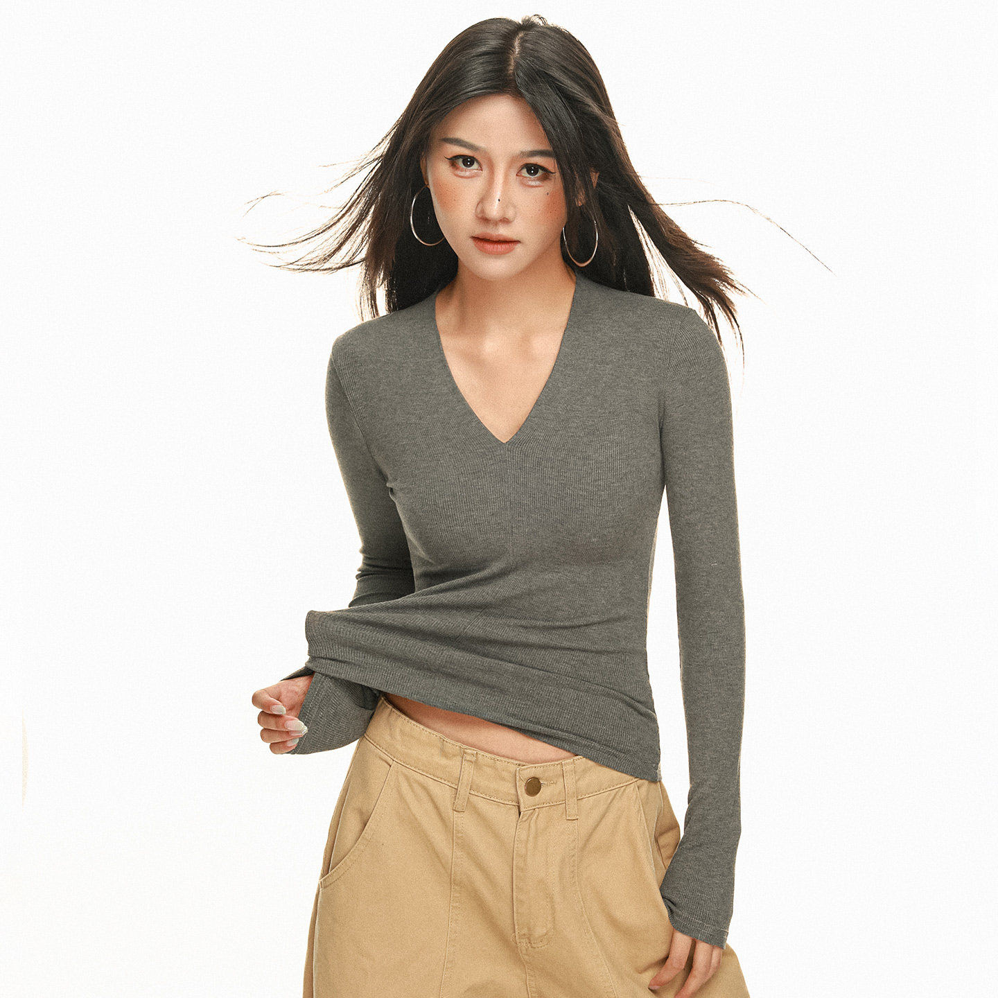 欧美风秋冬季T恤修身弹力内搭打底衫天鹅颈V领长袖性感气质上衣女