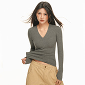 欧美风秋冬季 性感气质上衣女 天鹅颈V领长袖 T恤修身 弹力内搭打底衫