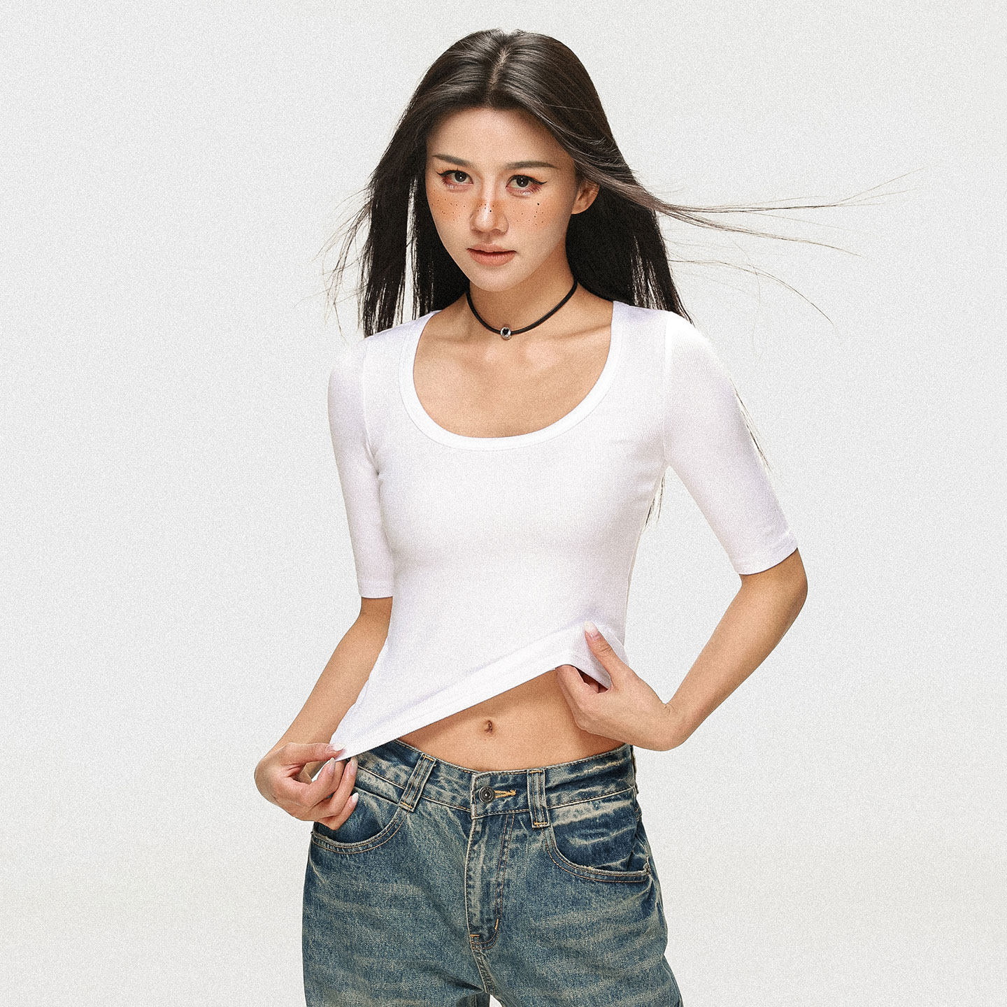 2025春夏季螺纹紧身中袖U领内搭五分袖正肩短袖低领收腰上衣t恤女,女装/女士精品,T恤,淘宝优惠券,粉丝福利购,淘宝优惠卷