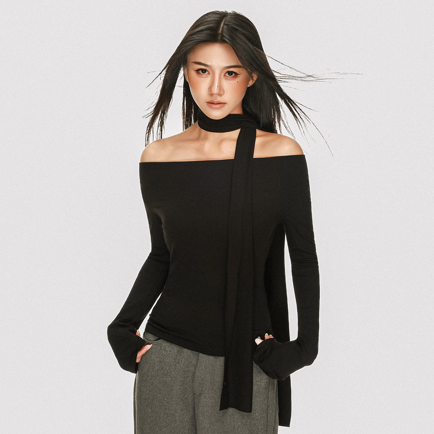 法式荡领可拆飘带一字肩长袖T恤女秋冬设计感修身气质打底衫上衣,女装/女士精品,T恤,淘宝优惠券,粉丝福利购,淘宝优惠卷