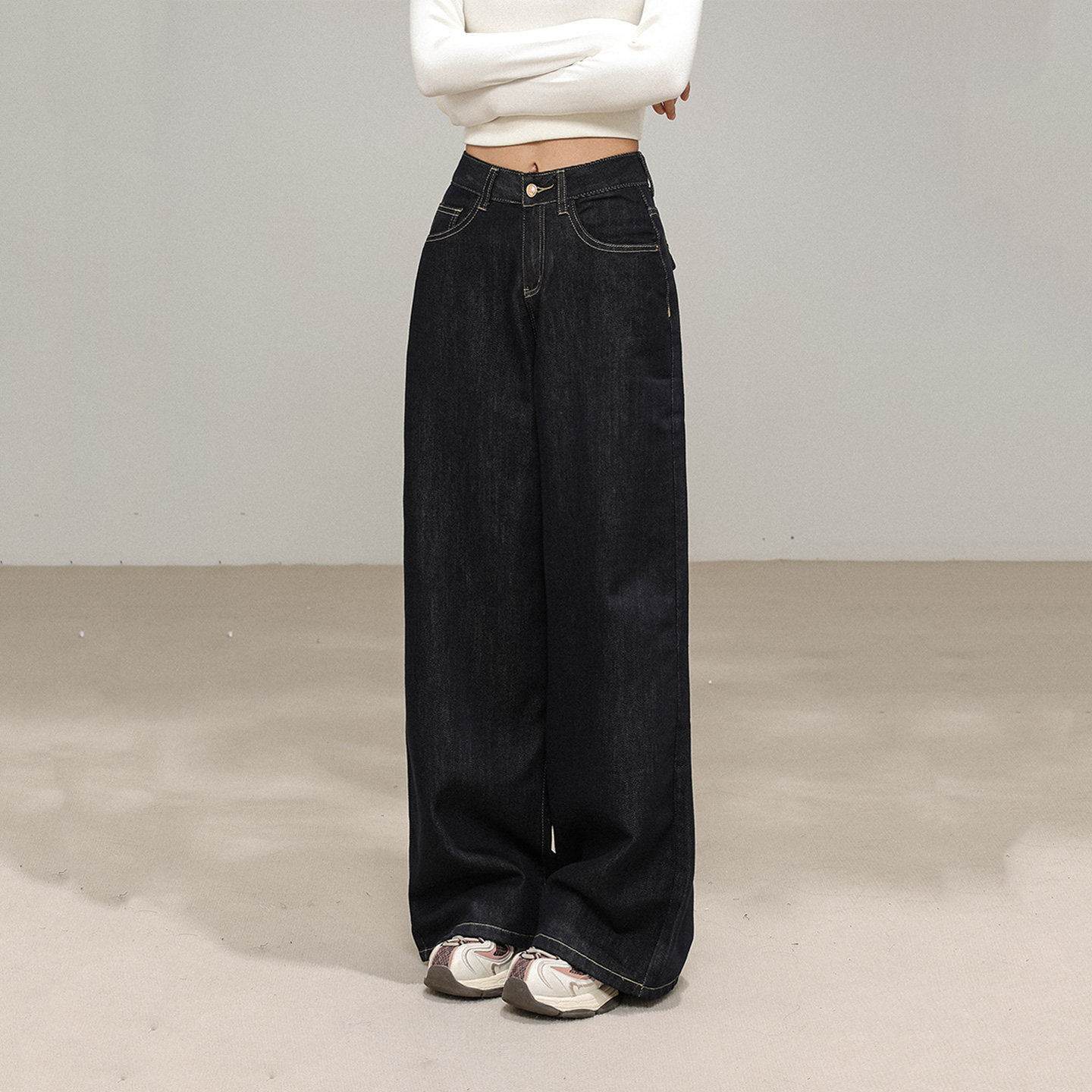 深蓝色美式阔腿牛仔裤女夏季宽松高腰显瘦小个子直筒气质拖地裤潮