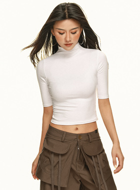 纯欲辣妹白色修身半袖T恤女夏小众气质显瘦半高领正肩打底衫上衣