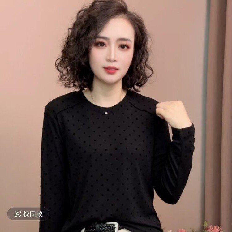 休闲风黑色波点长袖T恤女宽松百搭显瘦减龄上衣