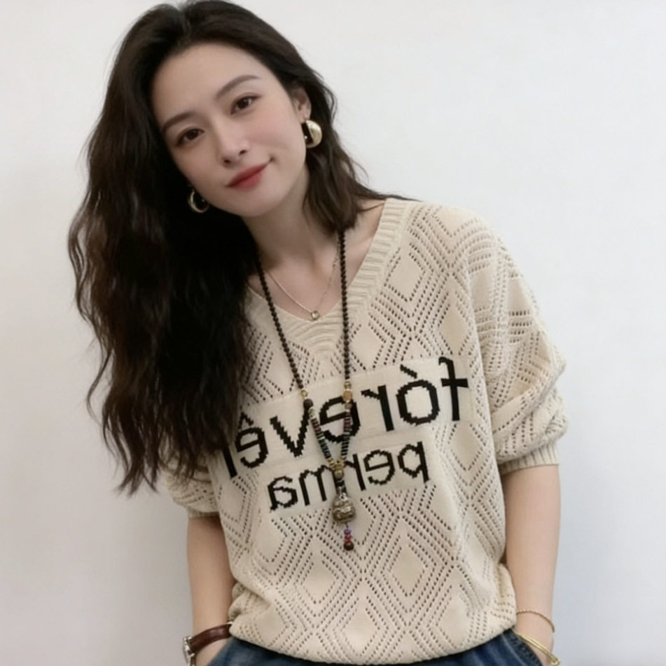 直播爆款2026春秋季新款缕空v领针织衫宽松显瘦打底上衣