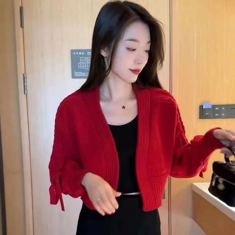 爆款灯笼袖针织开衫外套女装2026春秋季洋气短款毛衣上衣图片