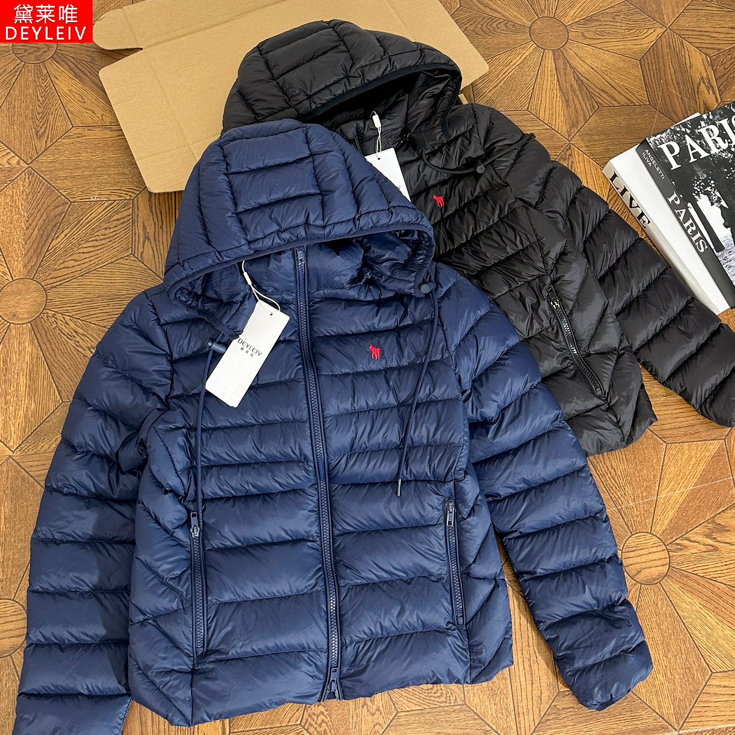 美式小马标白鸭绒连帽羽绒服女冬