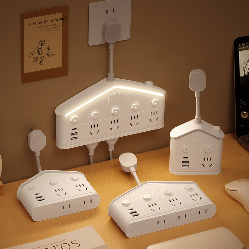 公正午纯铜插座带USB快充夜灯接线板办公家用分控开关一转多插排