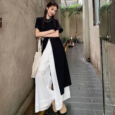 大码法式条纹过膝衬衫女夏季新款胖mm遮肚子宽松显瘦上衣裤子套装