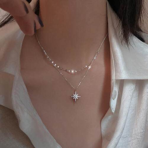 s925 sterling Silver Star Moon Double Necklace Women