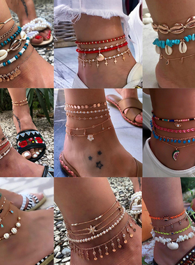 Tocona Layered Gold Shell Pendant Chain Ankle Bracelet On