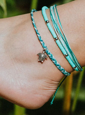 Bohemia Blue Eeaving Strips Thin Chain Beaded Anklet for