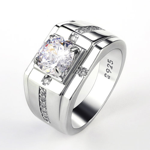 Luxury Silver Color Round Cubic Zircon Rings for Men
