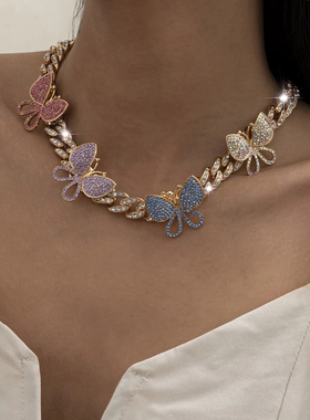 Punk Crystal Miami Cuban Chain Butterfly Necklace for Women