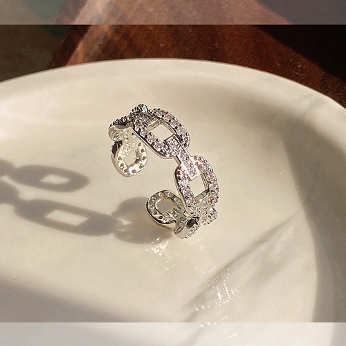 Silver Color Lock Chain Adjustable Rings with Bling Zircon