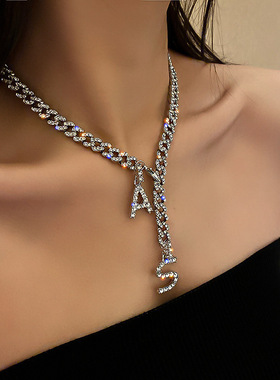 Luxury Full Rhinestone Chain Necklace Zircon Big Letter