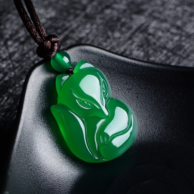 Jade Fox Necklace Pendant Natural Green White Chalcedony