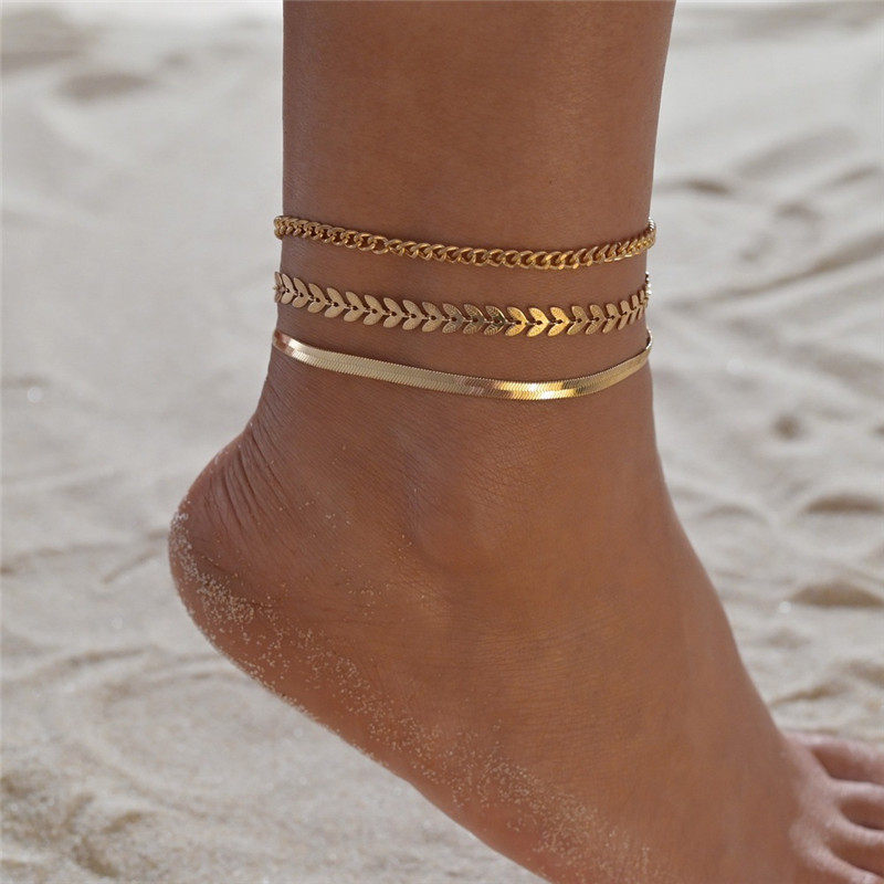 3pcs/set Gold Color Simple Chain Anklets For Women Beach