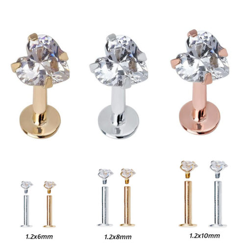 1Pc Stainless Steel Heart Zircon Gem Labret Earring Stud