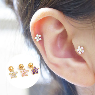 1pc Stainless Steel Fashion Flowers Zirconia Cartilage Cz