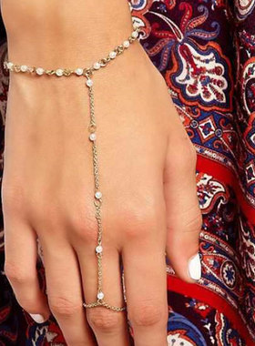 Boho pearl beaded Link Chain Bracelet Connected Finger Ring